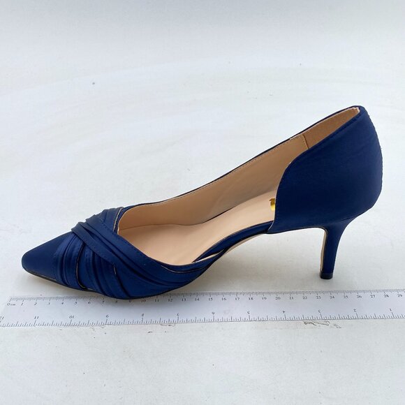 FSJ Navy Kitten Heels Pointed Toe Slip on Pumps D'Orsay Pleated Satin Dress Shoe - Picture 2 of 8